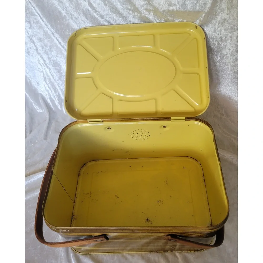 Vintage 50s Metal Picnic Basket Faux Wood Grain Tin Litho Wood Handles Yellow